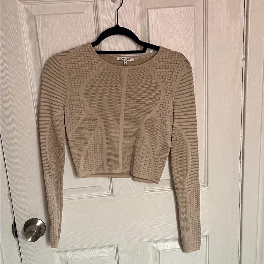 Ronny Kobo Beige Textured Long Sleeve Crop Top
